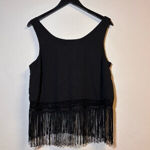 Black Fringe Hem Boho Tank Top Crochet Trim Festival Style XL